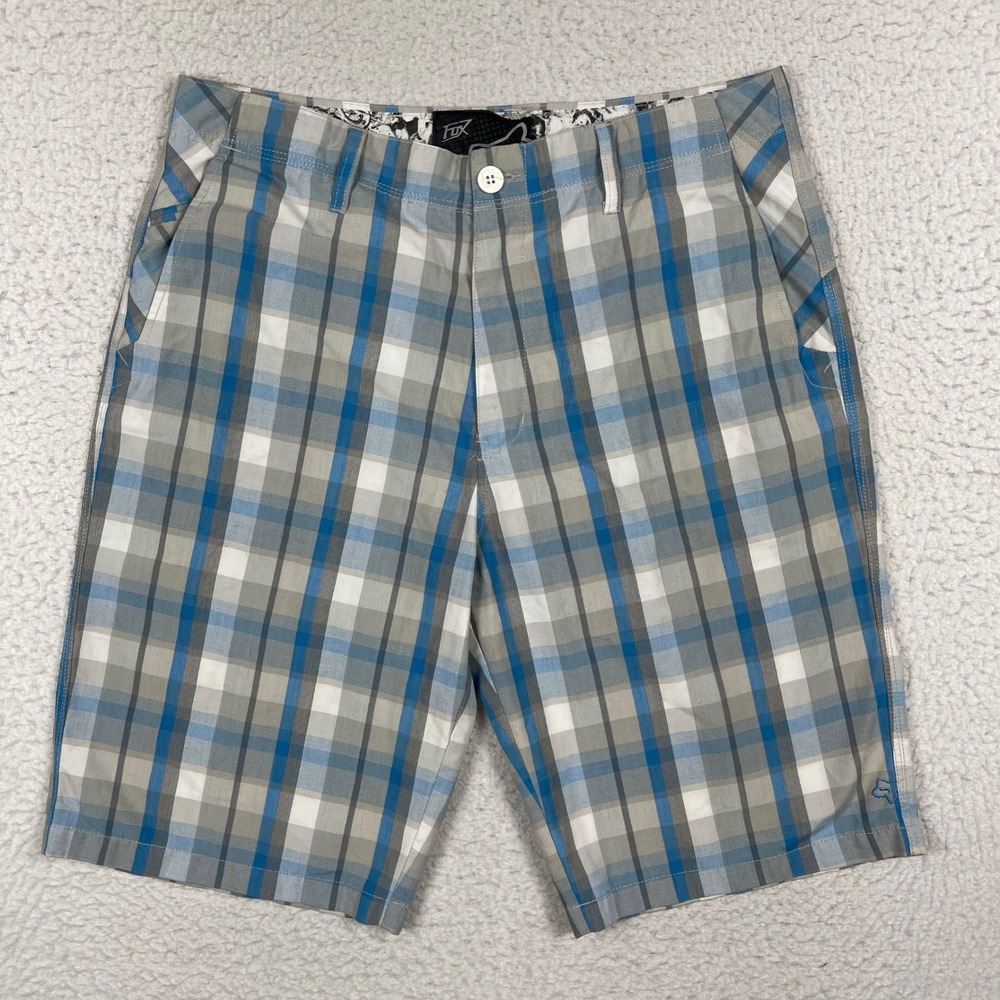 Fox Racing Plaid Walk Shorts Mens 36 Blue Grey White Skate Surf Casual Travel